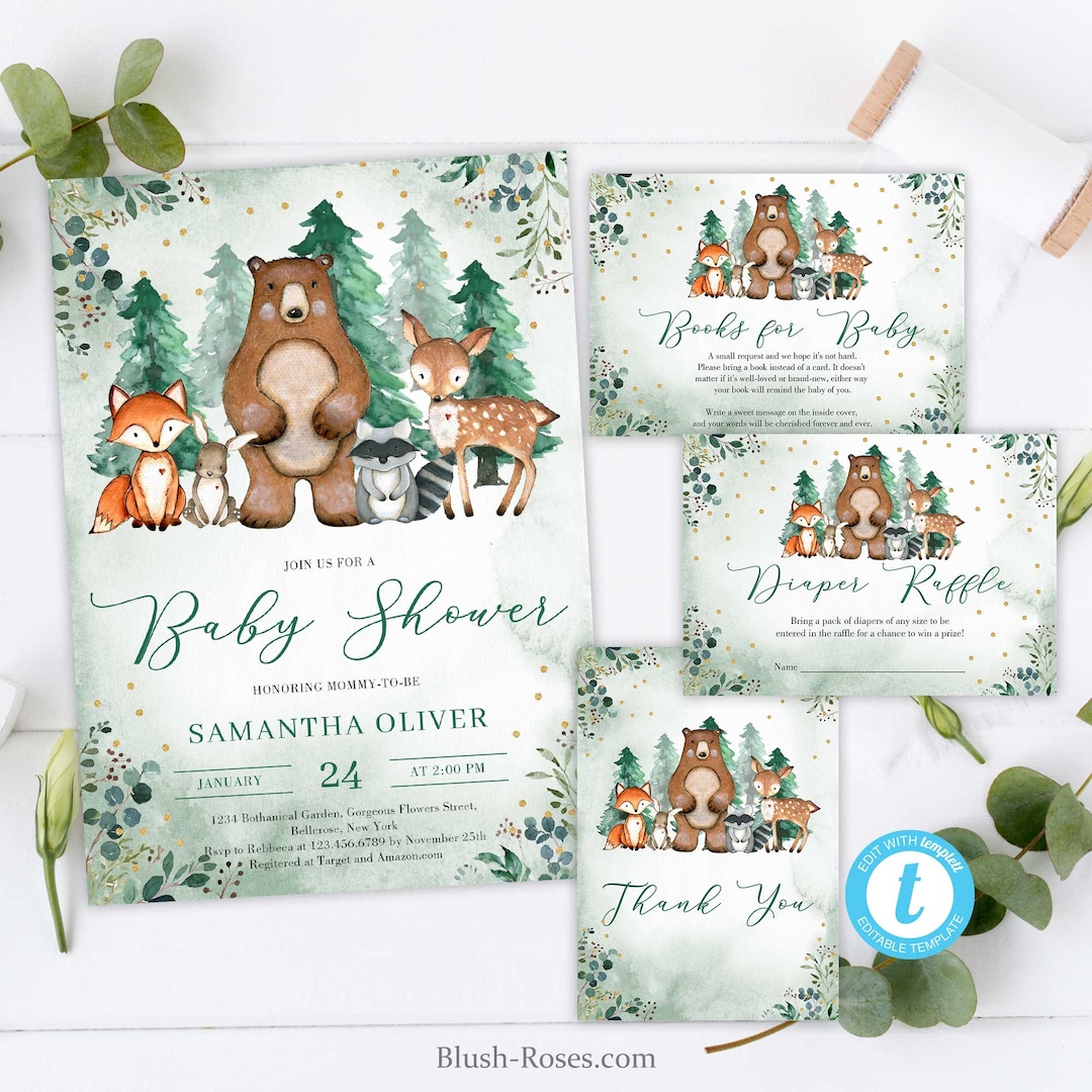 Woodland Animals Baby Shower Invitation Template, Editable Forest