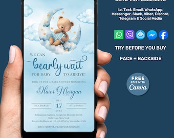 Bearly Wait Electronic Baby Shower Invite Boy with Sleeping Teddy Bear, Teddy Bear Over the Moon, Blue Bear Baby Shower, Bear Theme Invites