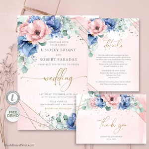 Dusty blue and Blush Wedding Invitation Template, Editable Boho Wedding Suite, Printable Wedding Set, TEMPLETT Faux Gold Frame DIY #134