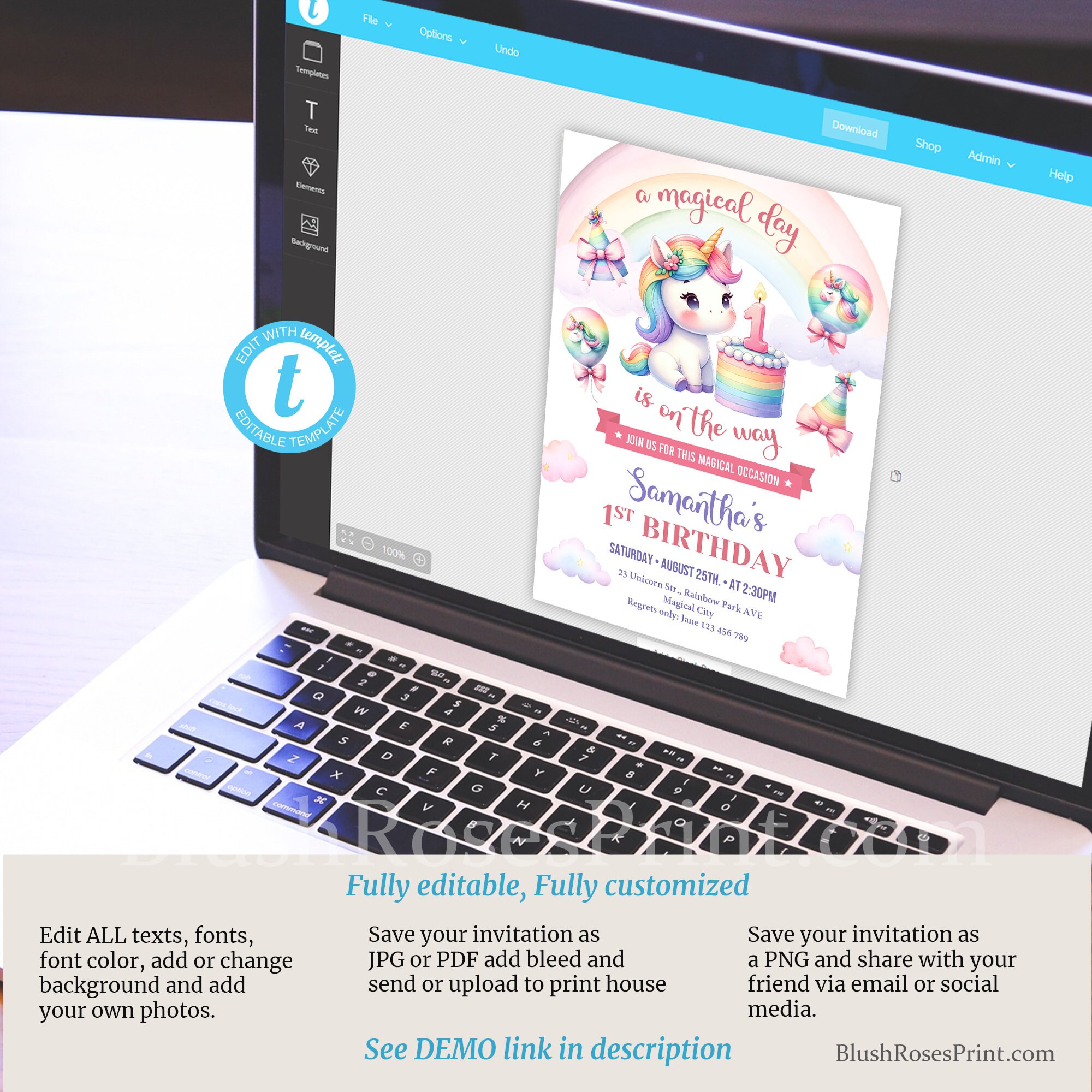 Unicorn Rainbow First Birthday Invitation EDITABLE Unicorns Rainbows ...