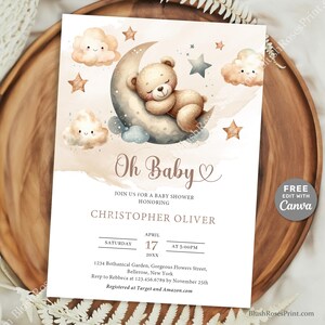 May include: A baby shower invitation with a watercolor illustration of a teddy bear sleeping on a crescent moon with clouds and stars. The text reads "Oh Baby" and "Christopher Oliver".