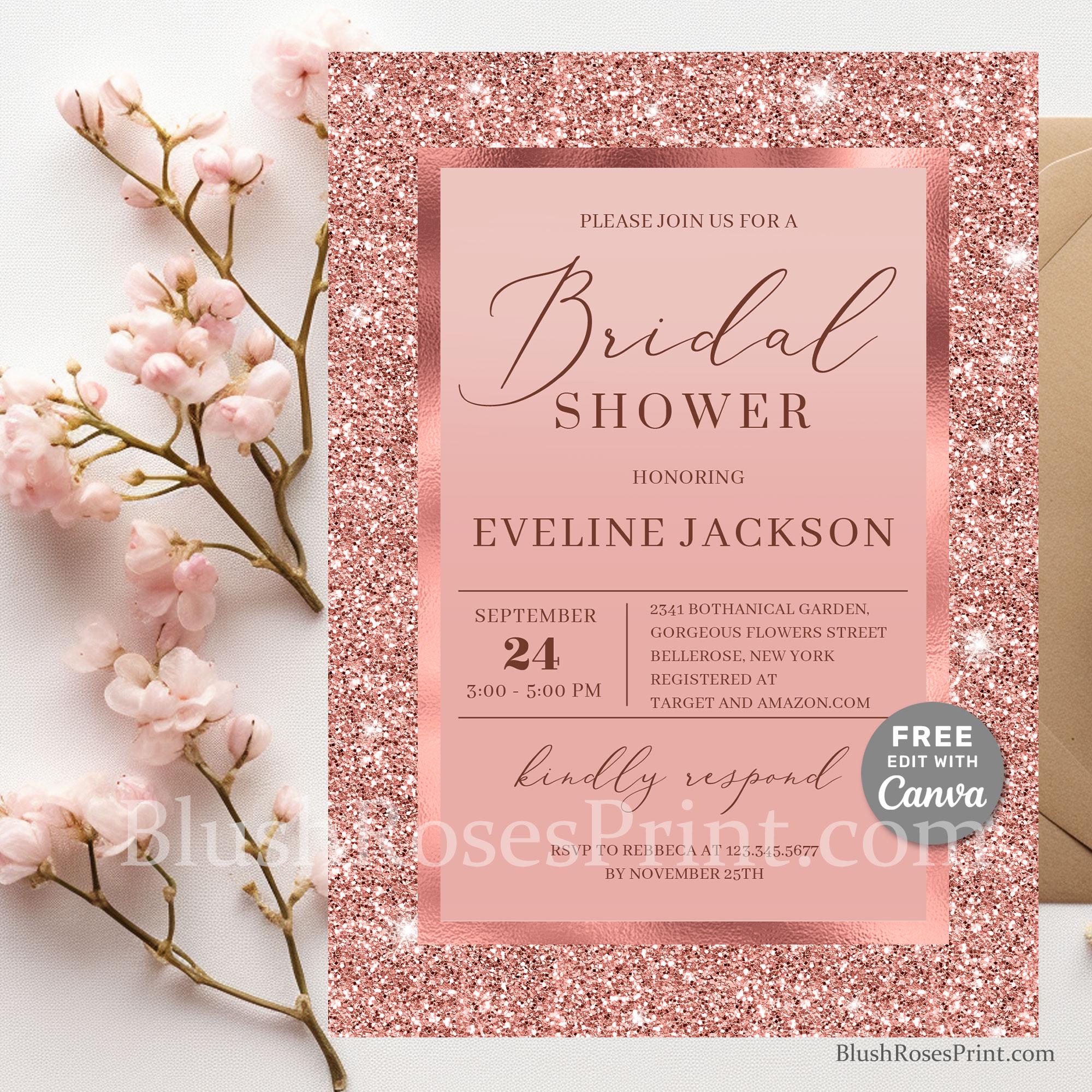 Invit Rose EDITABLE Rose Gold Bridal Shower Invitation Template, Edit Online CANVA ...