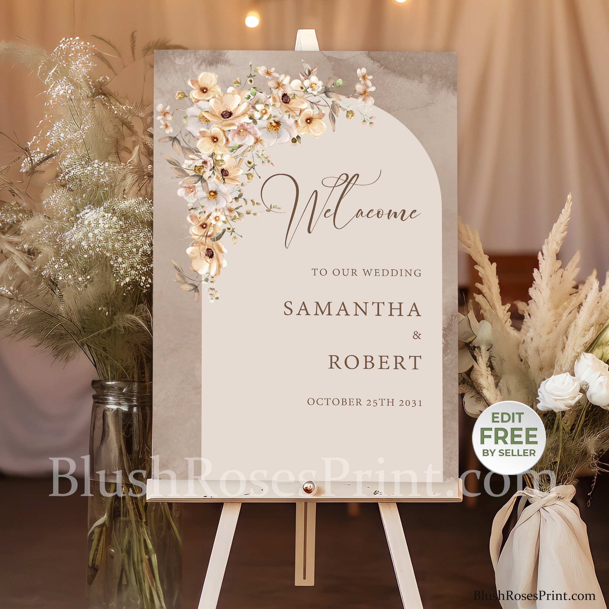 Boho Arch Neutral Wildflowers Wedding Welcome Sign Template, Rustic ...