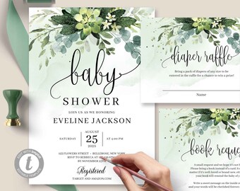Succulents Baby Shower Invitation Template, TEMPLETT, INSTANT DOWNLOAD, Succulent Flowers Invitation Printable, Succulent Eucalyptus SGLS15