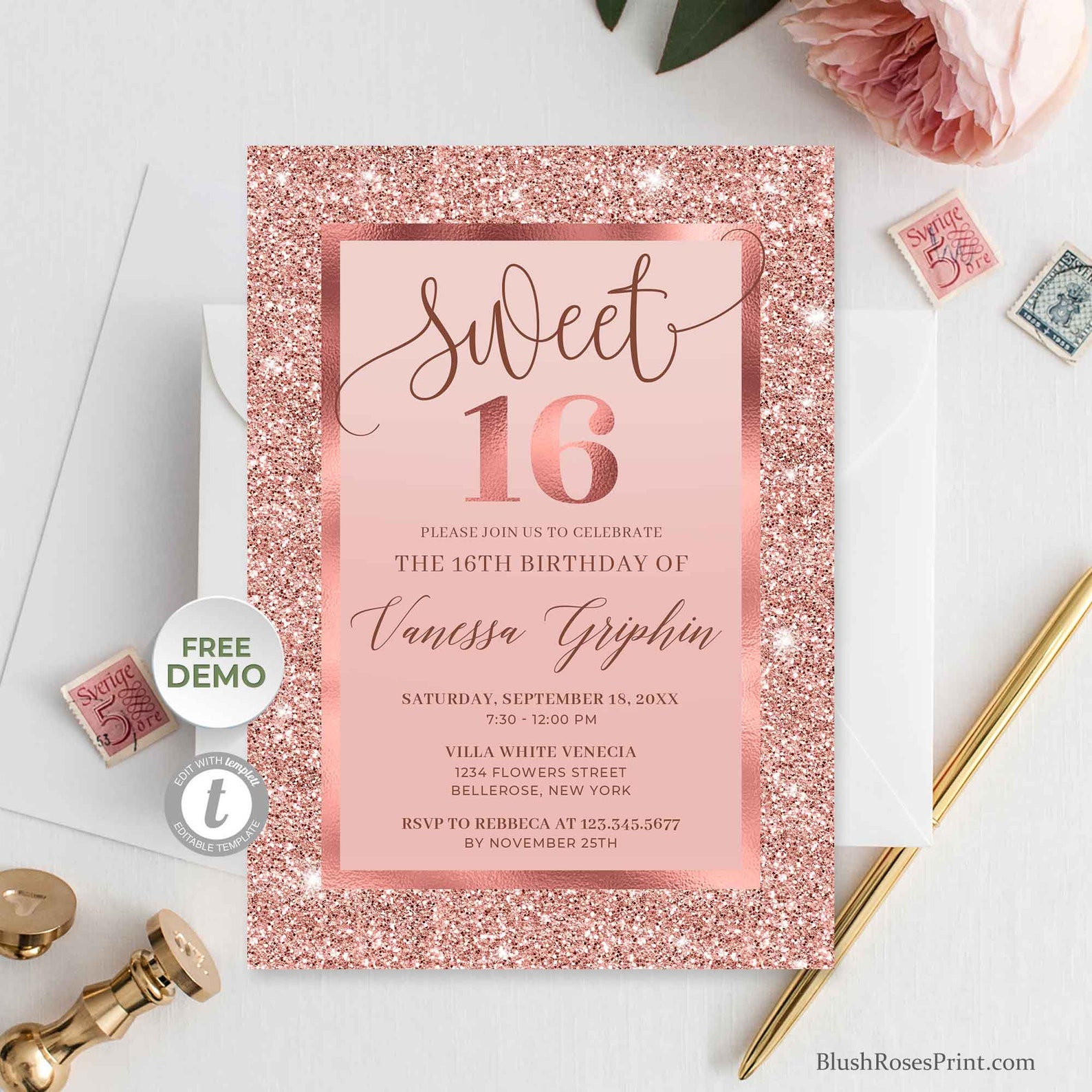 Rose Gold Sweet Sixteen Invitation Printable Invitation Etsy