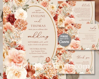 Watercolor Terracotta Burgundy Blush Floral Wedding Invitation Template, Fall and Autumn Colors Burnt Orange Wedding Wildflowers Boho Arch