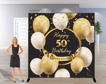 50th Birthday Backdrop Digital or Printed, Black and Gold Backdrop Party Banner, Fifity and Fabulous Photo Booth DIY Gold Balloons BD33