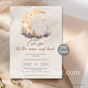 May include: A baby shower invitation with a watercolor illustration of a crescent moon with stars and a snowy forest scene. The text reads "Love you to the moon and back" and "Join us for a baby shower honoring Christopher Smith". The invitation is for Saturday, the 17th at 3:00 PM. The location is Botanical Garden, Gorgeous Flowers Street, B-lerose, New York. The text also says "RSVP to... by November 2nd".