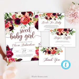Puede incluir: Un conjunto de invitaciones imprimibles para baby shower con un dise&ntilde;o floral en tonos burdeos, rosa y verde. El texto en las invitaciones dice "sweet baby girl", "Books for Baby", "Diaper Raffle" y "Thank You".