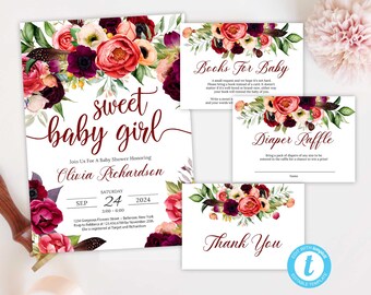Deep Red Maroon Blush Burgundy Floral Boho Baby Shower Invitation Self Editing with TEMPLETT INSTANT DOWNLOAD Sweet Baby Girl Invite ET50