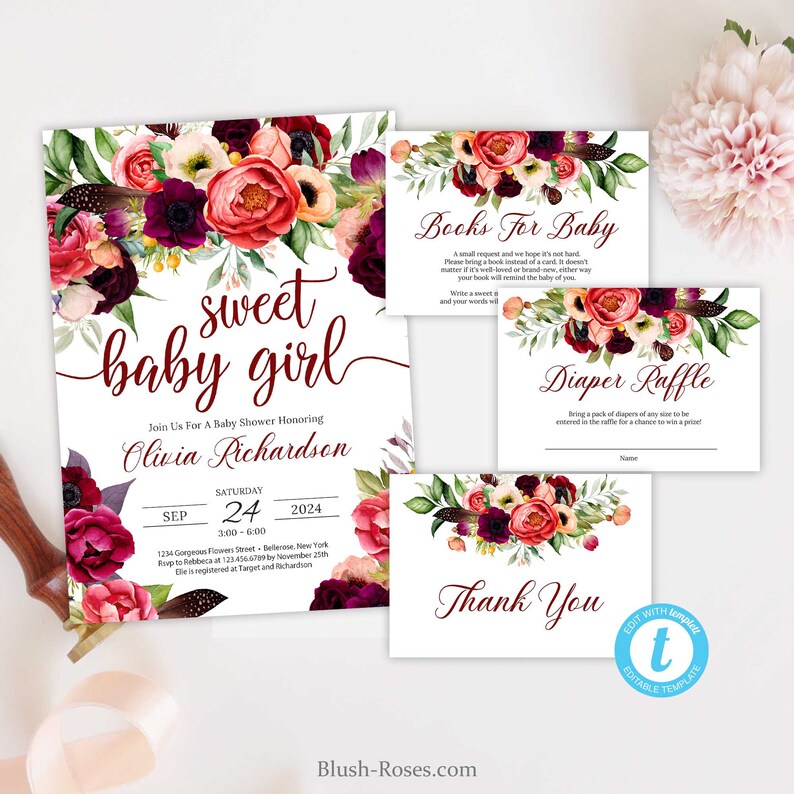 Puede incluir: Un conjunto de invitaciones imprimibles para baby shower con un dise&ntilde;o floral en tonos burdeos, rosa y verde. El texto en las invitaciones dice "sweet baby girl", "Books for Baby", "Diaper Raffle" y "Thank You".