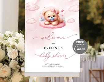 Editable girl teddy bear Baby Shower Welcome sign cute bear theme Welcome porch sign printable blush pink roses Sign Canva template