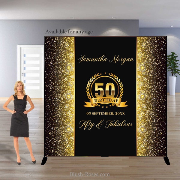 50e anniversaire Toile de fond or et noir, numérique ou imprimé toile de fond, moderne gold sparkles party banner template, Faux Gold Photo Booth BD71