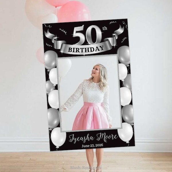 Silver and Black 50th Birthday photo Prop Frame, DIGITAL DOWNLOAD Printable Birthday Selfie Frame Silver White Balloons Photo Booth PP65