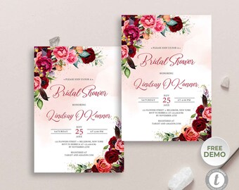 Blush Burgundy Bridal Shower Invitation Template, Boho Lush Flowers Invitation, Editable Bridal Shower invitation,  Maroon Flowers BBMB116