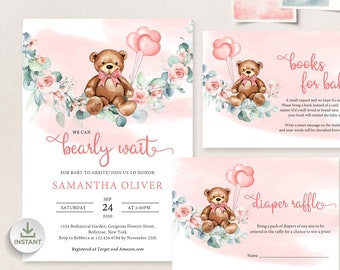 Teddy Bear Baby Shower Invitation Templates, Editable Baby Shower Set, INSTANT DOWNLOAD, Blush Floral Eucalyptus, Wreath Invite Boho BBBE88