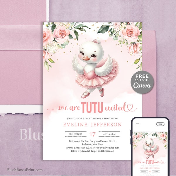 Cute Little Swan Tutu Dress Invitation Template, Editable Girl Baby Shower Ballerina Dress Invite CANVA Watercolor Blush Roses Gold Sparkles