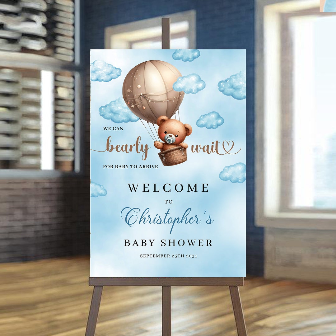 Editable Brown Bear Hot Air Balloon Baby Shower Welcome Sign, We Can ...