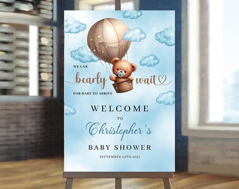 Editable Brown Bear Hot Air Balloon Baby Shower Welcome Sign, We Can Bearly Wait Baby Shower Poster, Blue Boy Boho Bear Baby Shower BS44
