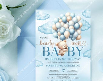 Editable We Can Bearly Wait Boy Baby Shower Invitation, Teddy Bear with Balloons Invite PDF Template INSTANT Download