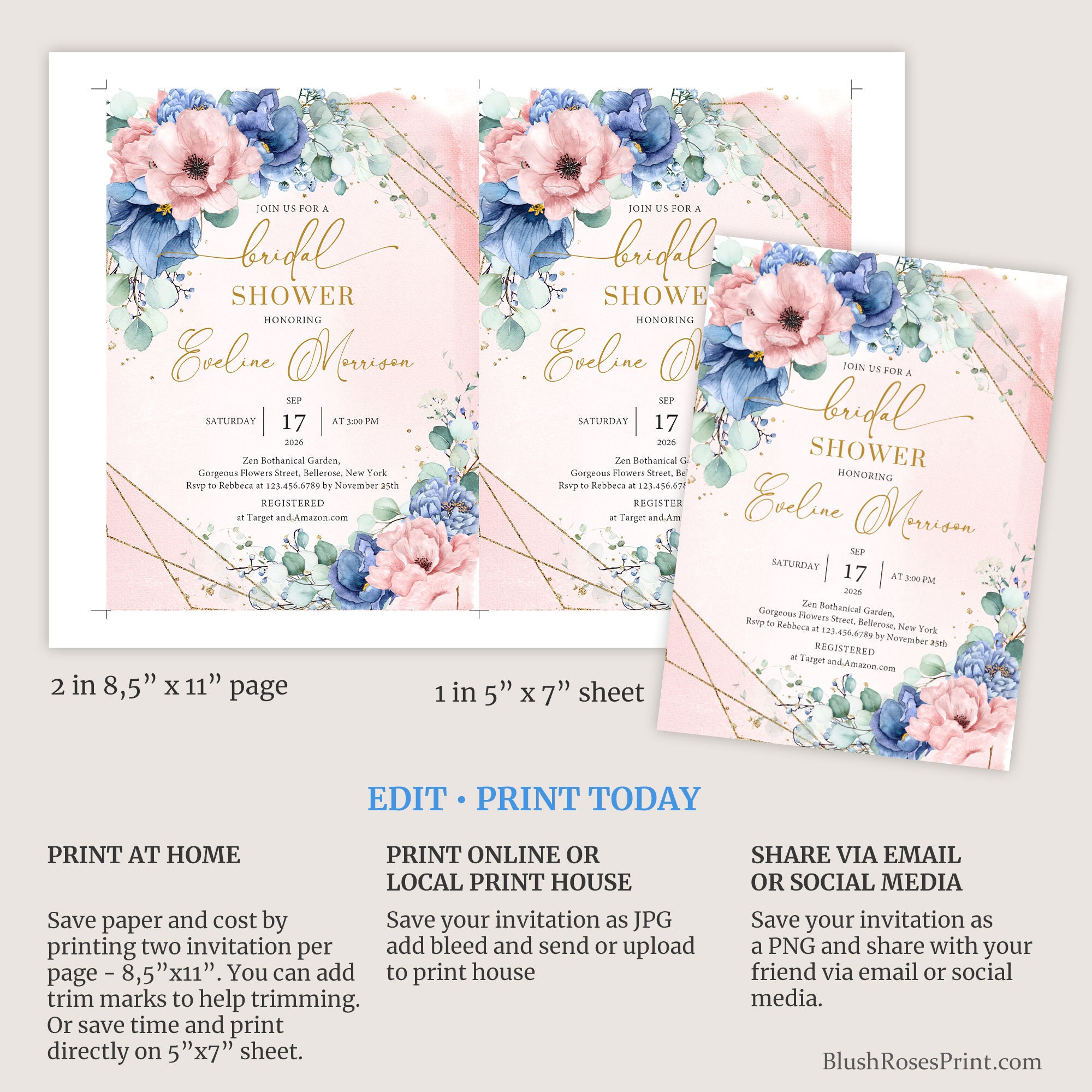 Dusty Blue Bridal Shower Invitation Template Dusty Pink Rose | Etsy