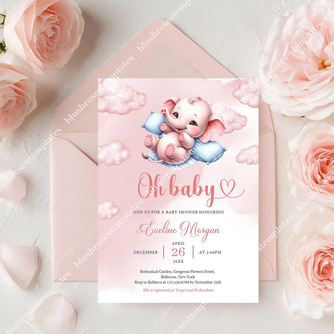 Editable PDF Elephant Girl Baby Shower Invitation Template, Printable ...