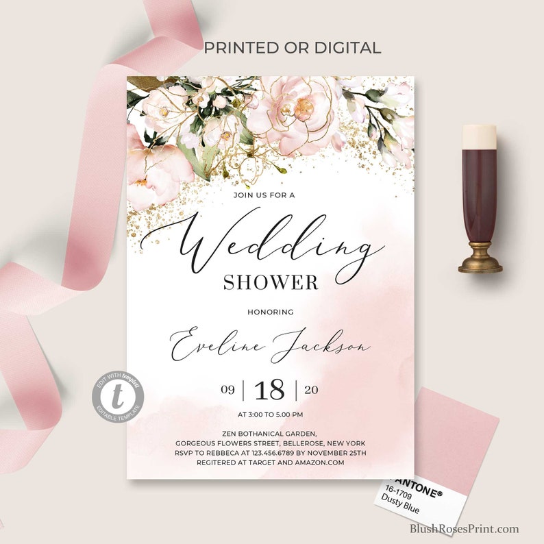 TEMPLETT Wedding Shower Invitation Boho Blush Pink Floral Etsy