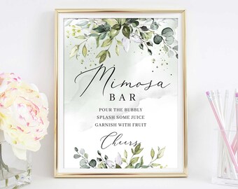 Boho Greenery Foliage Mimosa Bar Sign Bridal Shower Decor INSTANT DOWNLOAD Printable Mimosa Bar Sign Digital Green Eucalyptus Ristic GRFOL6