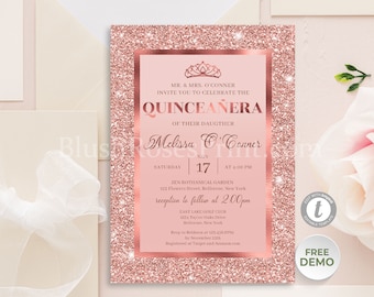 Rose Gold Quinceanera Invitation Template, Printable Sweet 15 Invitations Canva edit rose gold glitter Quinceanera Invitation with Tiara