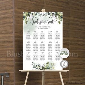 Greenery Sitzplan Vorlage, Grüner Eukalyptus Sitzplan, Bearbeitbares Sitzschild, Boho Grün und Weiß Sitzkarte GRFOL6