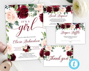 Blush Burgundy It's a Girl Invitation, Editable Baby Shower Invitation, INSTANT DOWNLOAD, Red Roses Floral Printable Invite TEMPLETT ET23