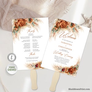 Peut inclure: Un éventail de programme de cérémonie de mariage avec un motif floral composé de fleurs orange et rouges, de feuilles vertes et de pampas beige. Le texte sur l'éventail indique "The party" et liste les membres de la fête de mariage. Le dos de l'éventail contient un message de bienvenue et les détails de la cérémonie de mariage.