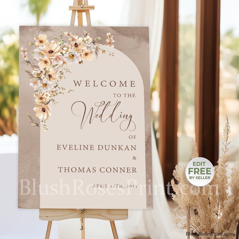 Boho Arch Neutral Wildflowers Wedding Welcome Sign Template, Rustic ...