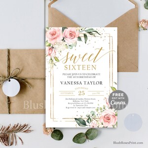 Bewerkbare Blush Sweet Sixteen uitnodigingssjabloon, Sweet 16e uitnodiging afdrukbare, roze en gouden Sweet Sixteen uitnodiging, INSTANT DOWNLOAD Z16