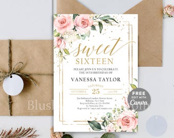 Editable Blush Sweet Sixteen Invitation Template, Sweet 16th Invitation Printable, Pink and Gold Sweet Sixteen Invite, INSTANT DOWNLOAD Z16