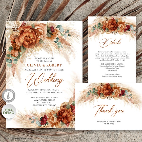 Terracotta Wedding Invitation Template, Tropical Burnt Orange Flowers Wedding, Pampas Grass Dried Palm, Burgundy Roses Eucalyptus #147