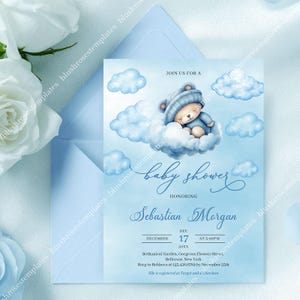 Editable Sleeping Teddy Bear Baby Shower Invitation, Printable Invitation Template, Blue Sky With Clouds, Adobe Reader PDF