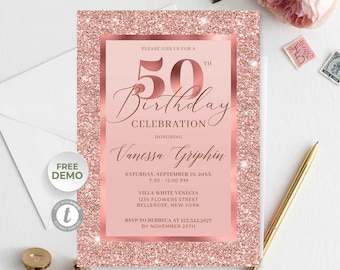 Rose Gold 50th Birthday Invitation Template, Editable Fifty and Fabulous Invitations, INSTANT DOWNLOAD Printable Glamour Luxury birthday