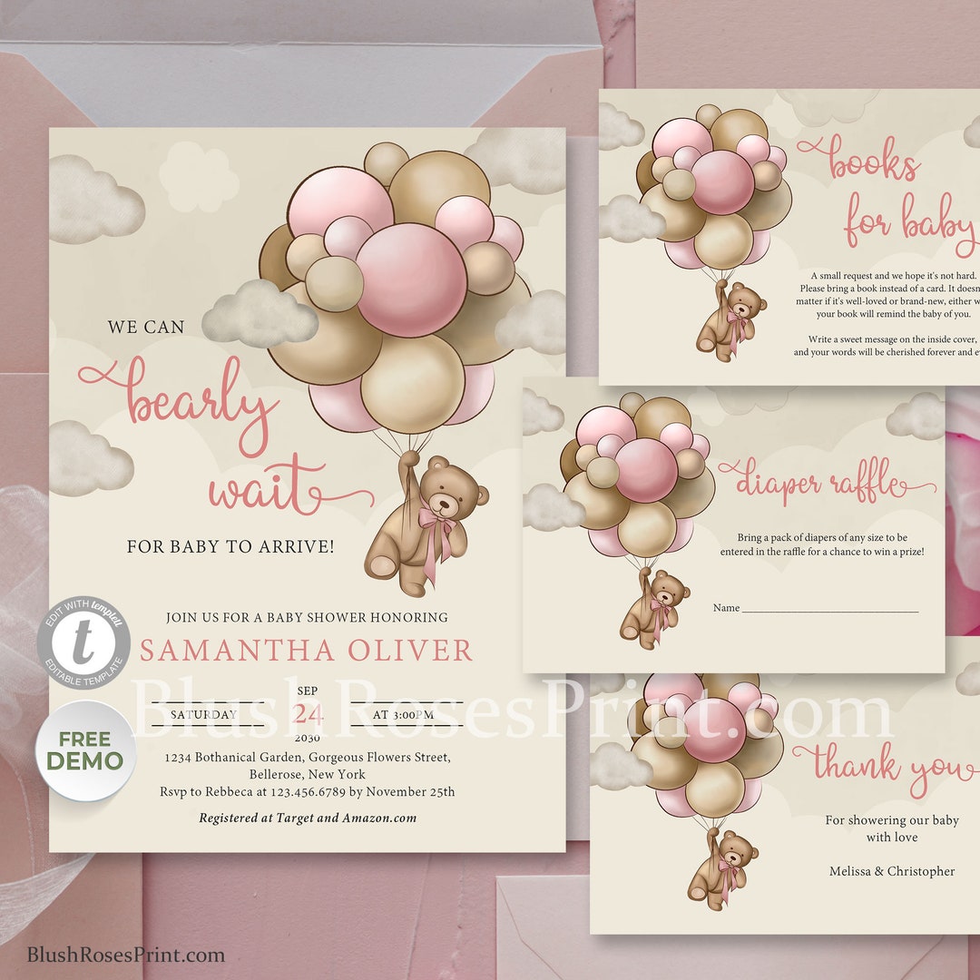 Teddy Bear Baby Shower Invitation Template, Pink Brown Ivory Balloons