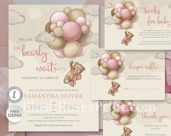 Plantilla de invitación para baby shower con osito de peluche, invitación con globos de color rosa, marrón y marfil para niña, podemos esperar a que llegue el bebé CANVA BSB10