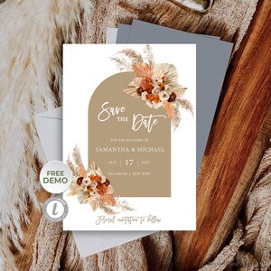 Orange brûlée Save the Date Card, Tropical Save the Date, TÉLÉCHARGEMENT INSTANTANÉ, Pampas Grass Dried Palm, Rust Earthy Tones, Beige Floral #139