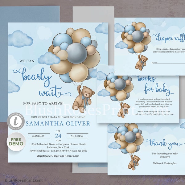 Boy Teddy Bear Baby Shower Invitation Template, Blue Brown Ivory Balloons Invitation, We Can Bearly Wait for Baby to Arrive TEMPLETT #BRB09