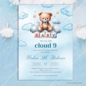 EDITABLE We're on Cloud Nine Boy Baby Shower Invitation, Printable Template Brown Teddy Bear Invite Teddy Bear Adobe Reader PDF