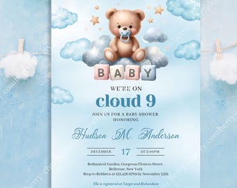 EDITABLE We're on Cloud Nine Boy Baby Shower Invitation, Printable Template Brown Teddy Bear Invite Teddy Bear Adobe Reader PDF