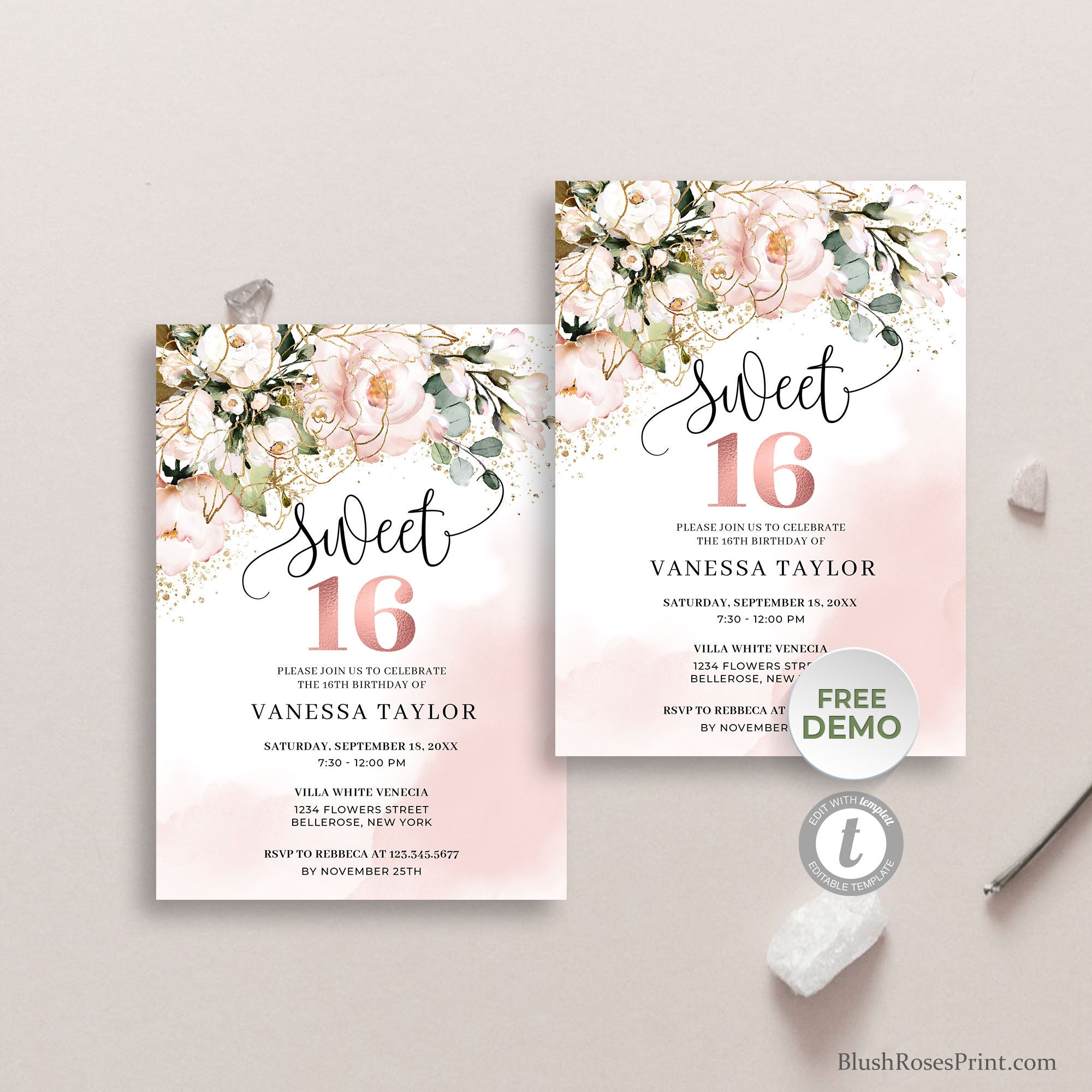 Rose Gold Sweet Sixteen Invitation Template Edit With Etsy