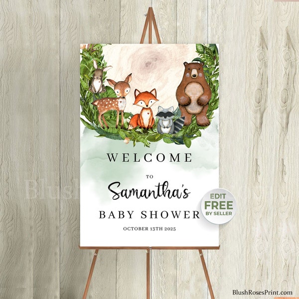 Woodland Animals Baby Shower Welcome Sign, Greenery Foliage Wooden Slice, Printable Sign Template, Fox Deer Bear Rabbit Racoon Animal BSB12