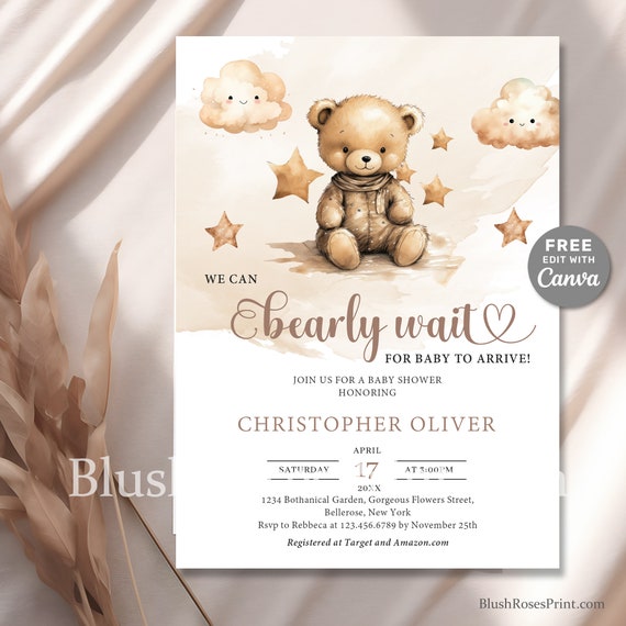 Editable Neutral Teddy Bear Baby Shower Invitation Printable
