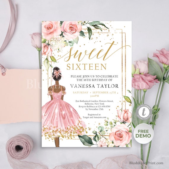 Sweet 16 Boho Dusty Pink Floral 16th Birthday Invitation