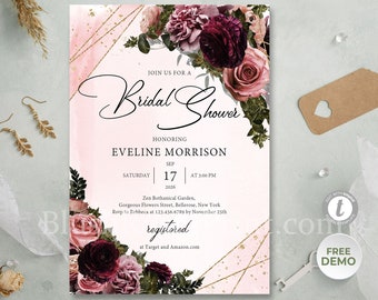 Burgundy and Blush Bridal Shower Invitation Template, Editable Bridal Shower invite, Mauve Floral Corners Invitation, Deep Red Merlot #138