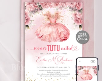 Boho We Are Tutu Excited Invitation Editable Girl Baby Shower Ballerina Dress Invite Template CANVA Watercolor Pink and Gold Feathers DIY